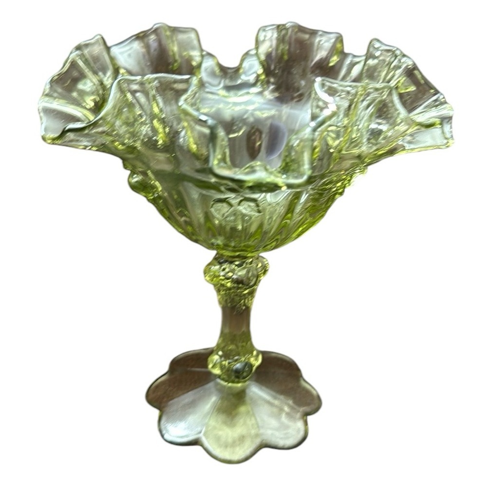 Vintage Fenton Olive Green Cabbage Rose Ruffled Pedestal Compote Candy Dish